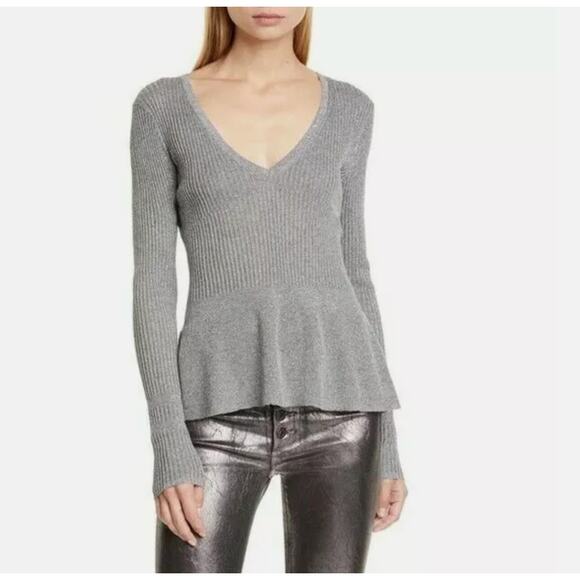 Veronica Beard Esmeralda Metallic Sweater Silver V-Neck Ribbed Knit Peplum Gray - Picture 3 of 16